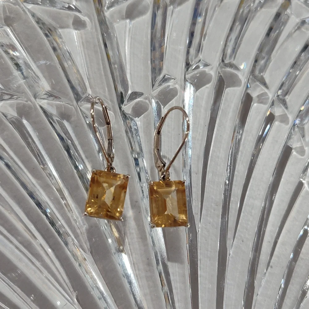 14k White Gold Emerald Cut Citrine Leverback Earrings - Picture 1 of 15